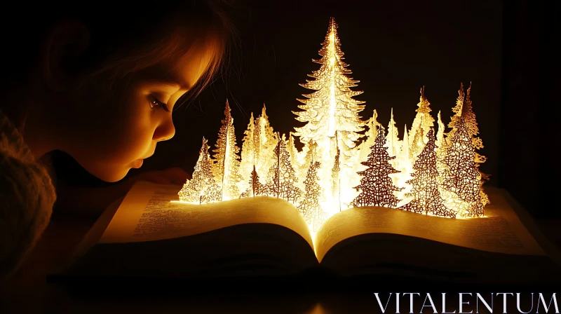 Girl Reading Christmas Tree Book AI Image