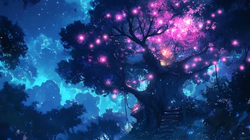 Glowing Treehouse in Fantasy Forest