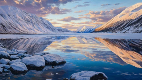 Snow-Covered Mountains Reflecting in a Sunset-Lit Lake