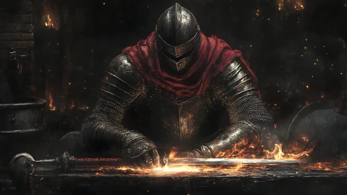 Armored Knight Shaping a Fiery Blade