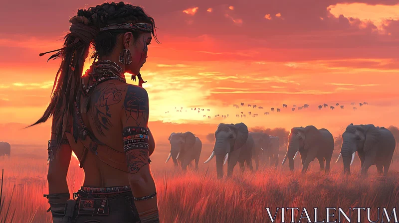 AI ART Tribal Woman Watching Elephants at Sunset