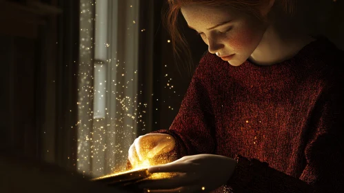 Girl Reading Book With Magic Sparkles