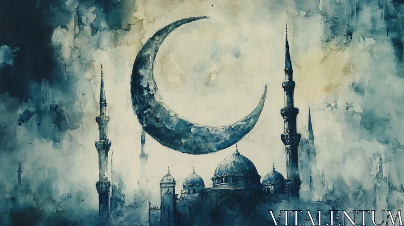 Blue Mosque with Moon Watercolor Art AI Image