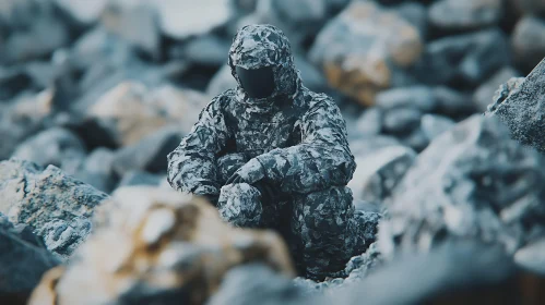 Mysterious Camouflaged Figure in Stone Landscape