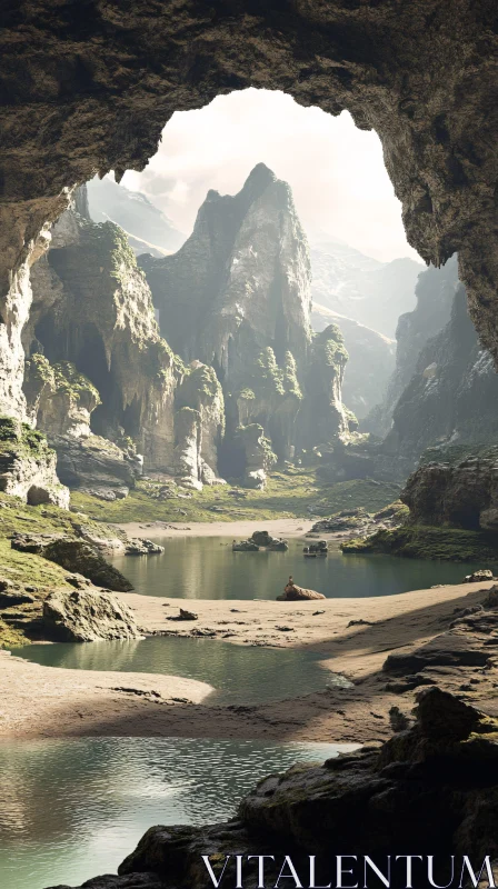 AI ART Tranquil Cave Landscape with Lush Mountains and Lake