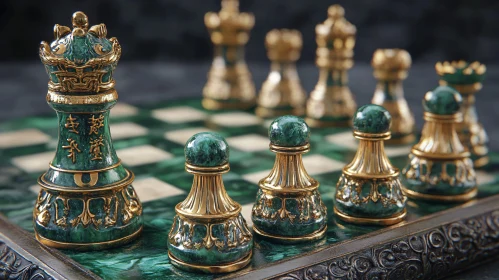 Elegant Detailed Chess Pieces in Jade and Gold