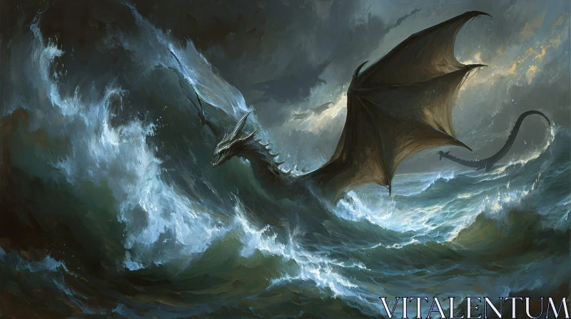 Black Dragon Flying Over Stormy Sea - Digital Fantasy Art AI Image