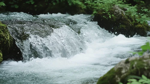 Peaceful Flowing Water Over Mossy Rocks