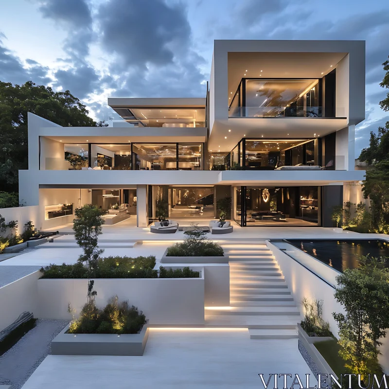 Illuminated Multi-Level Luxury House at Night AI Image