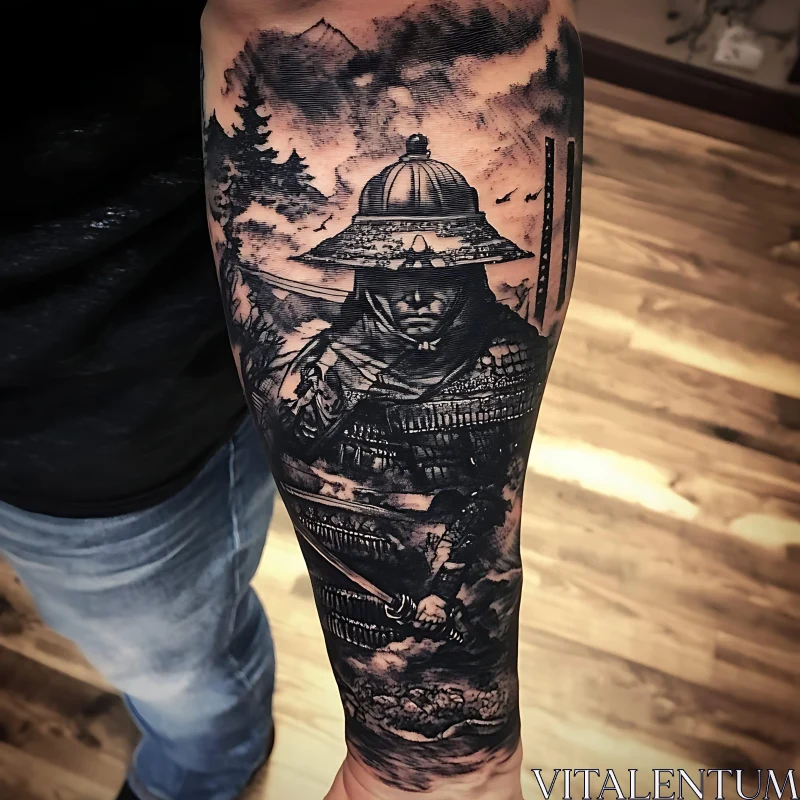 Monochrome Samurai Tattoo Arm Piece AI Image