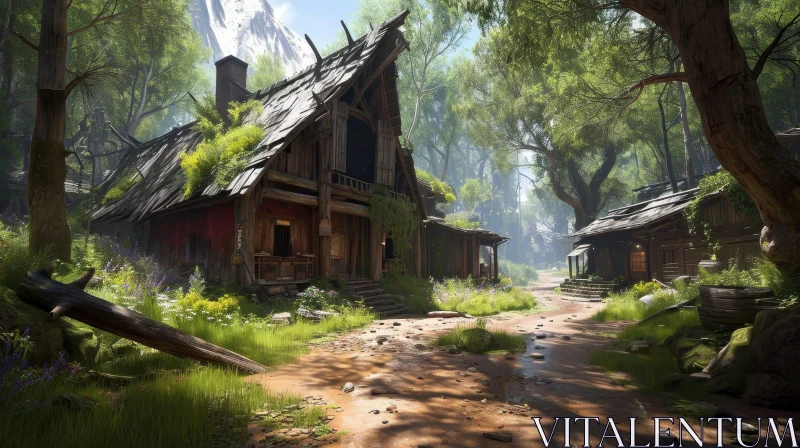 Enchanting Digital Painting of a Village in a Forest AI Image
