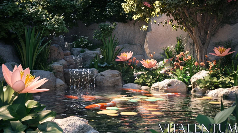 Serene Garden Pond with Koi Fish AI Image