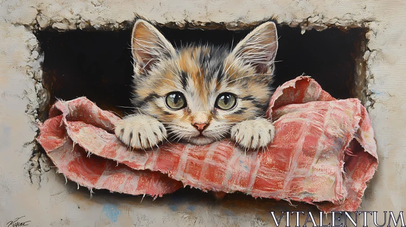 Adorable Kitten Peeking from Wall Canvas AI Image