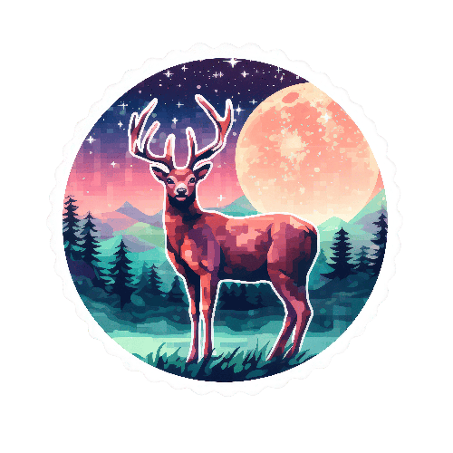 POD Design Pixelated Deer in Forest Under Orange Moon Illustration