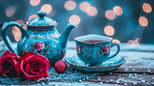 Vintage Blue and White Teapot and Teacup with Red Rose and Christmas Ornament