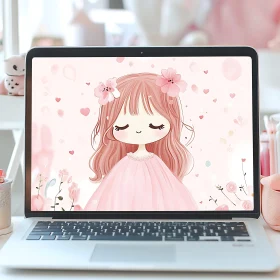 Adorable Digital Art of Girl with Pink Hair on Laptop Screen
