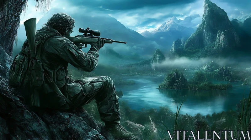 Rifleman Overlooking Mountainous Terrain AI Image