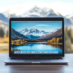 Serene Mountain Lake Wallpaper Displayed on Laptop