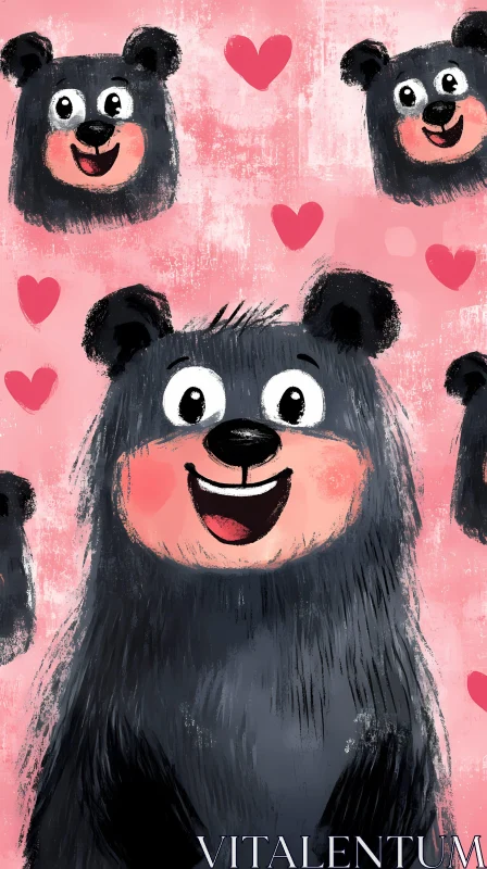 Cute Black Bear Cartoon with Hearts AI Image