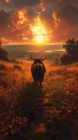 Bull Silhouette Against a Sunset Sky