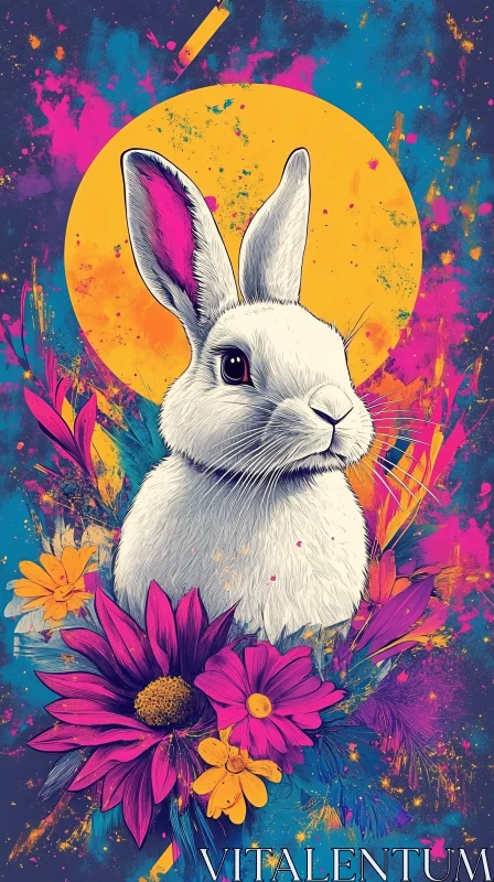 AI ART Colorful Bunny Illustration in Floral Setting