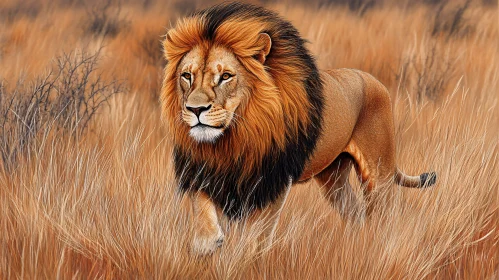 Lion Walking in Wild Savannah