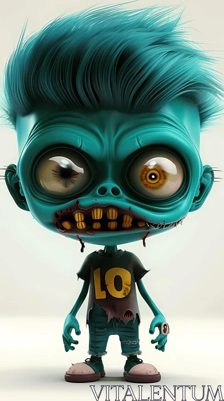 3D Rendered Cartoon Zombie Boy with Blue Skin and Green Hair AI Image