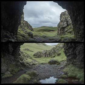 Moody Cave Landscape with Rock and Grass
