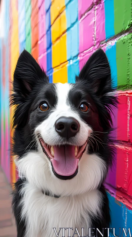 Happy Dog in Front of Vibrant Wall AI Image