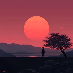 Sunset Silhouette with Lonely Person