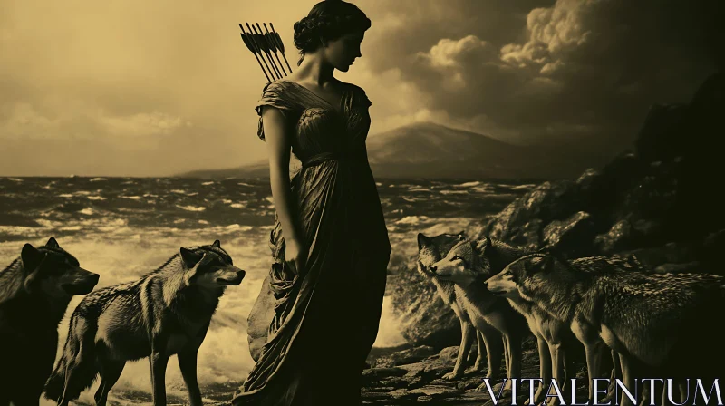 AI ART Huntress with Wolves on a Stormy Coast