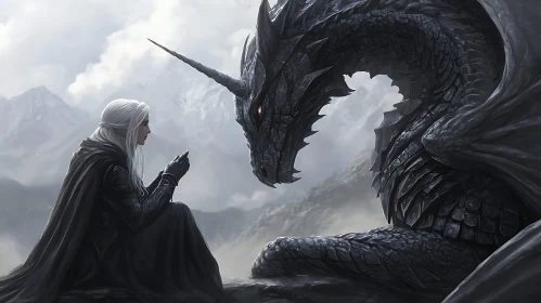 Dragon and Woman in Misty Mountains