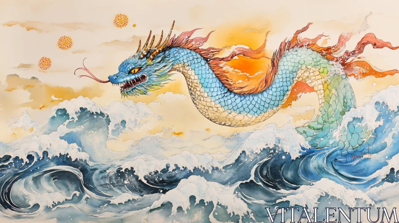 AI ART Azure Dragon Ascending from the Waves