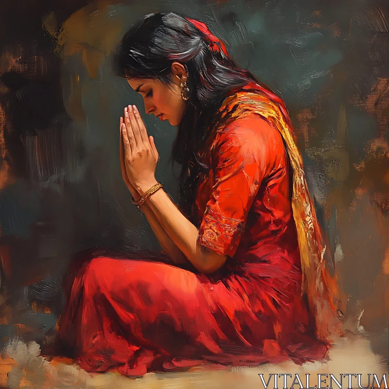 AI ART Woman Praying in Red Dress