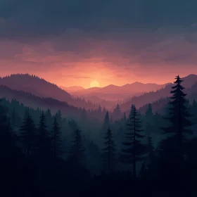 Peaceful Sunset in the Forest Mountains
