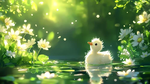 Gentle Duckling Among Flowers