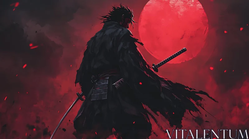 Crimson Moon Samurai Silhouette AI Image