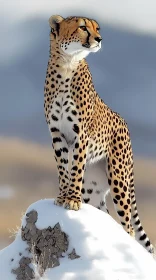 Regal Cheetah on Snow-Capped Rock