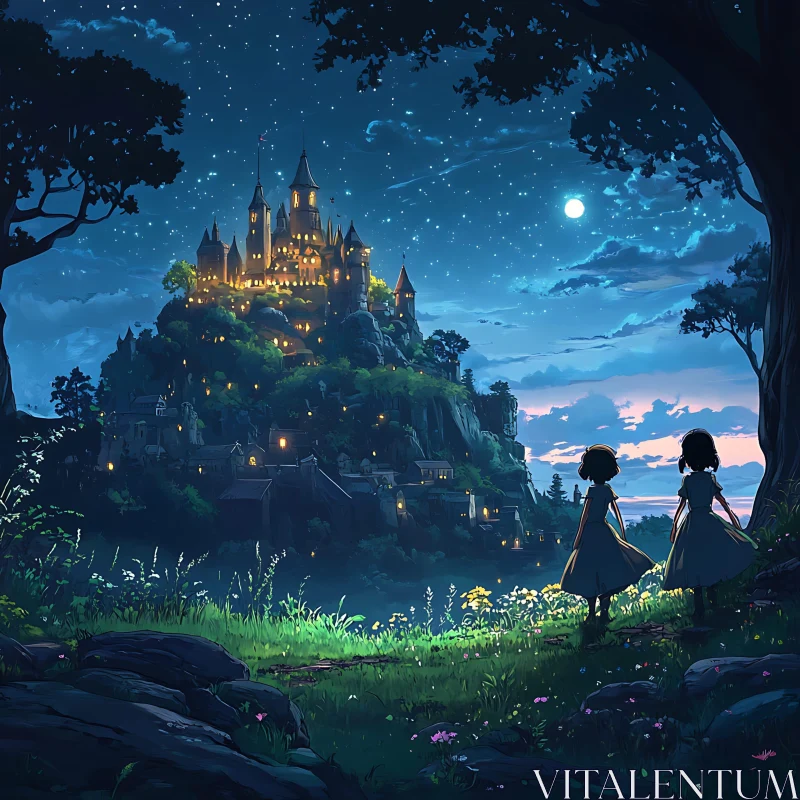 AI ART Girls Admiring Castle in Night Landscape