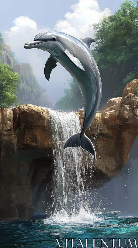 AI ART Graceful Dolphin in Waterfall Paradise