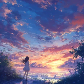 Girl in White Dress at Sunset