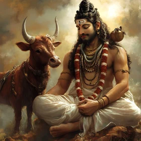 Meditative Deity and Bull Illustration