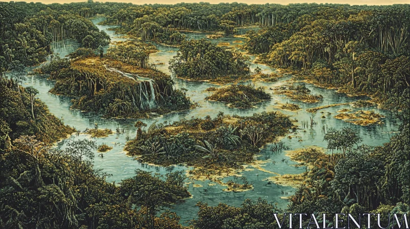 Tranquil Jungle River with Waterfall AI Image