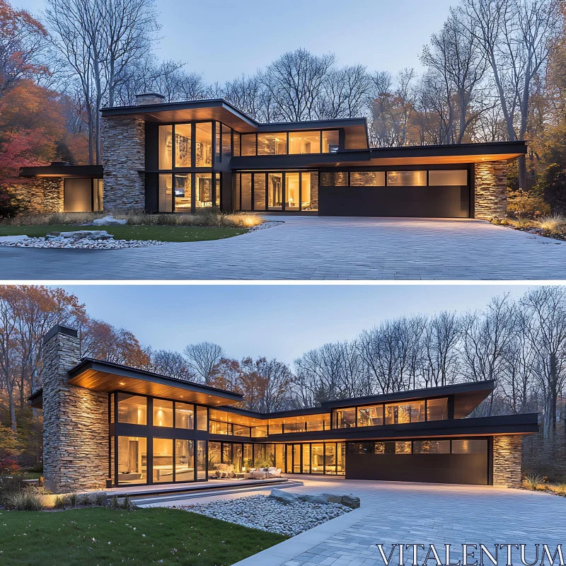 Contemporary Glass and Stone House in the Woods AI Image