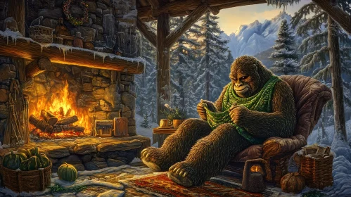 Cozy Winter Scene with Knitting Bigfoot