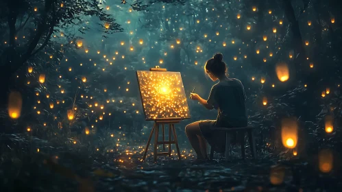 Woman Painting Lanterns in Night Forest