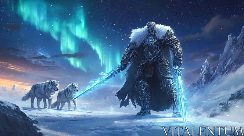 AI ART Winter Knight with Wolf Companions