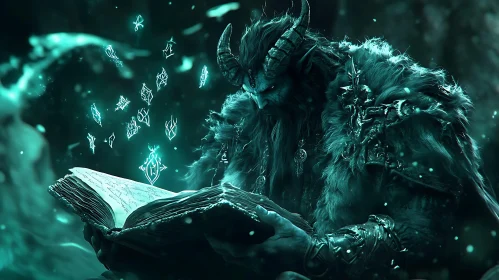 Horned Figure Studying Magical Book