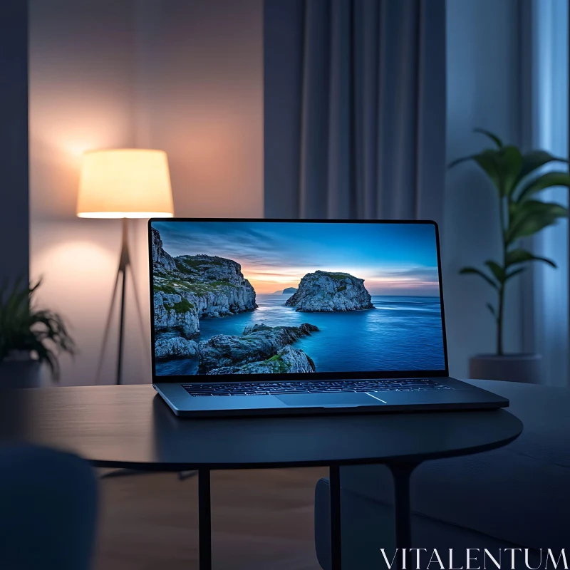 Sleek Laptop with Coastal Scene AI Image