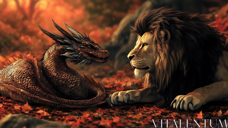 AI ART Dragon meets Lion in the Autumn Forest